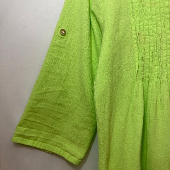Vintage Dunes Lime Green Shell Buttons Long Shirt Textured Button Up Blouse Top - Picture 5 of 8